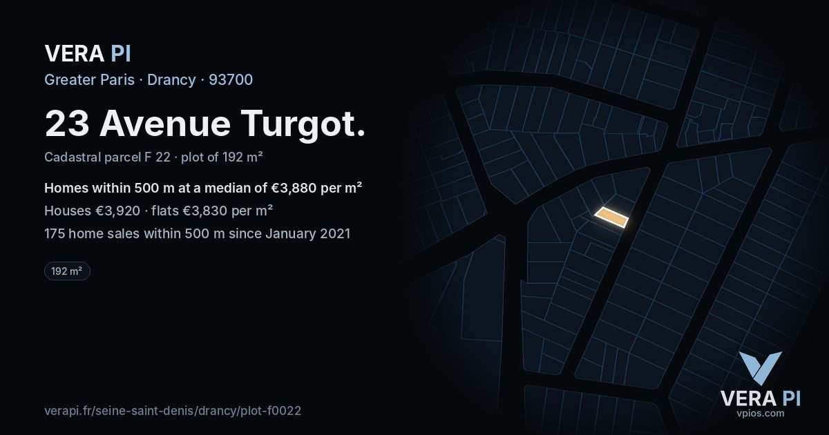 23 Avenue Turgot, Drancy at night – the plot lit, the parcels around coloured by the prices near them