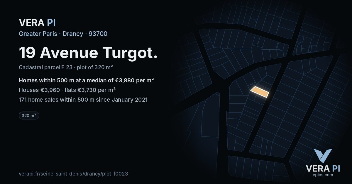 19 Avenue Turgot, Drancy at night – the plot lit, the parcels around coloured by the prices near them