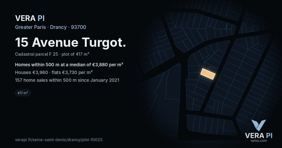 15 Avenue Turgot, Drancy at night – the plot lit, the parcels around coloured by the prices near them