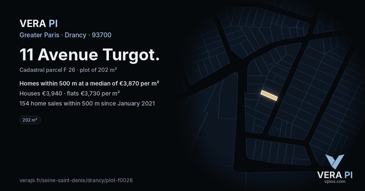 11 Avenue Turgot, Drancy at night – the plot lit, the parcels around coloured by the prices near them
