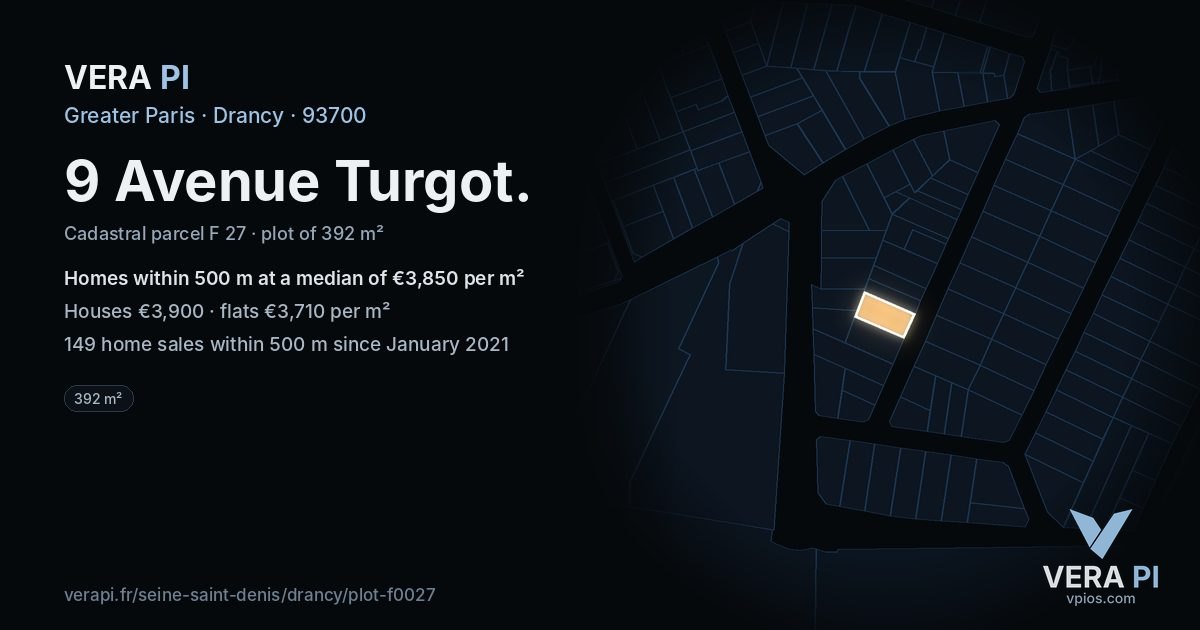 9 Avenue Turgot, Drancy at night – the plot lit, the parcels around coloured by the prices near them