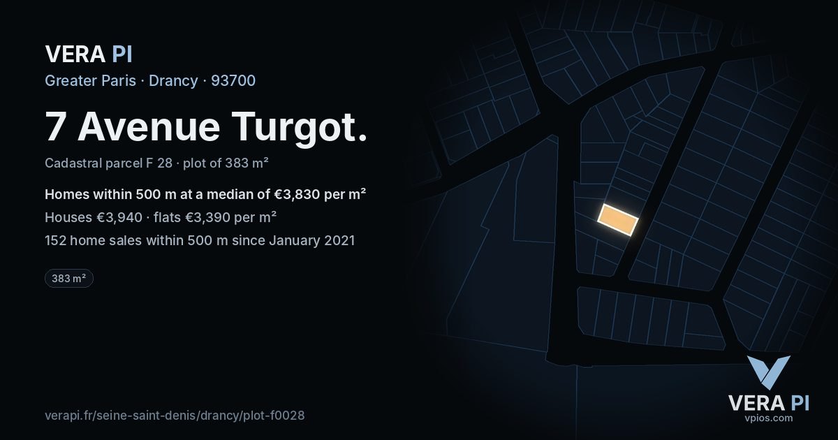 7 Avenue Turgot, Drancy at night – the plot lit, the parcels around coloured by the prices near them