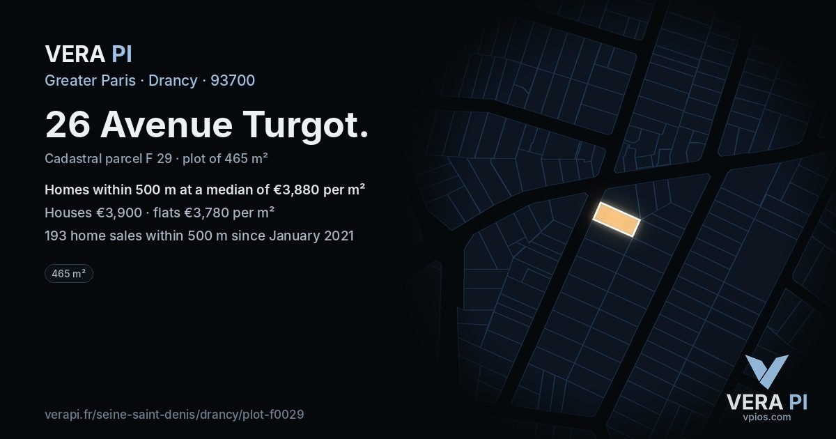 26 Avenue Turgot, Drancy at night – the plot lit, the parcels around coloured by the prices near them