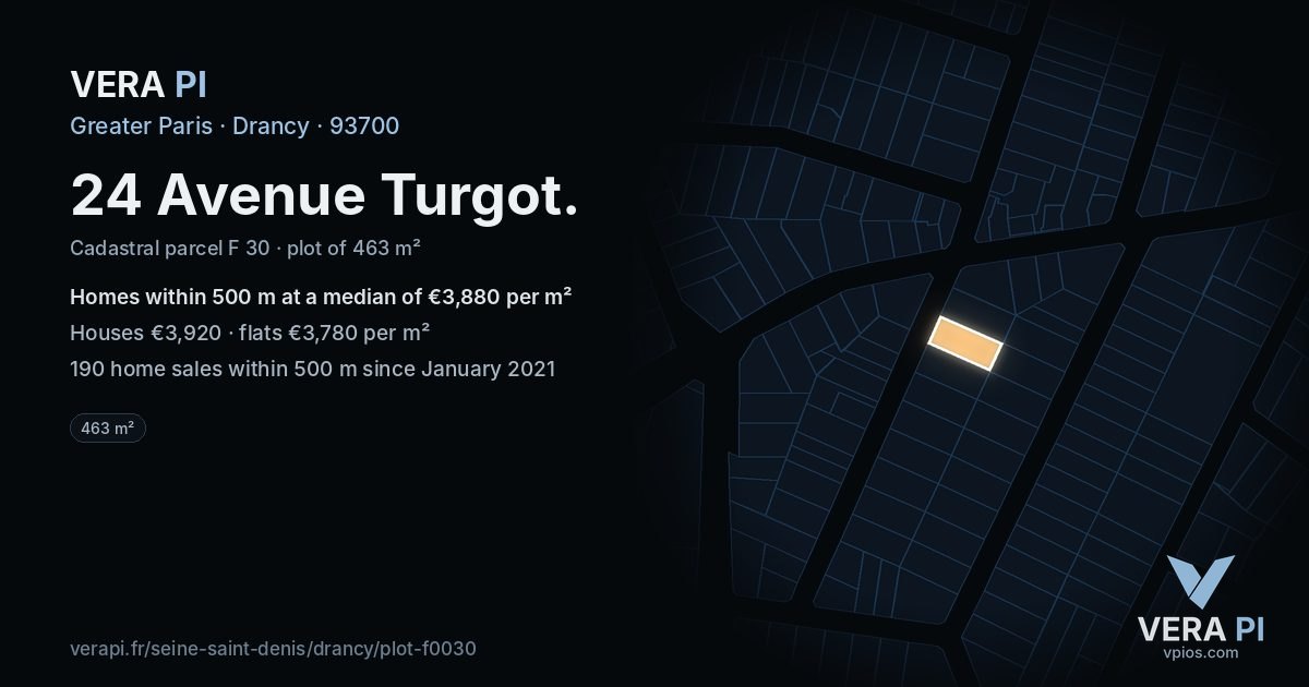 24 Avenue Turgot, Drancy at night – the plot lit, the parcels around coloured by the prices near them