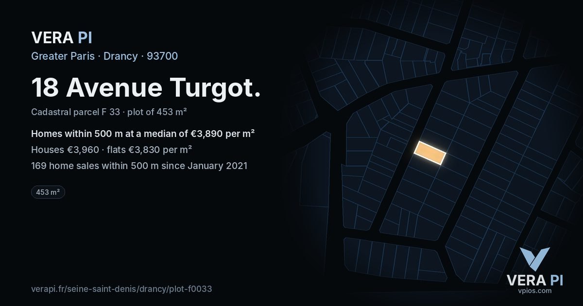 18 Avenue Turgot, Drancy at night – the plot lit, the parcels around coloured by the prices near them