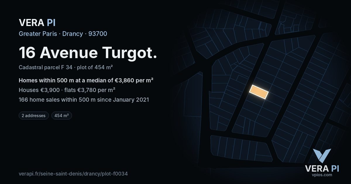 16 Avenue Turgot, Drancy at night – the plot lit, the parcels around coloured by the prices near them