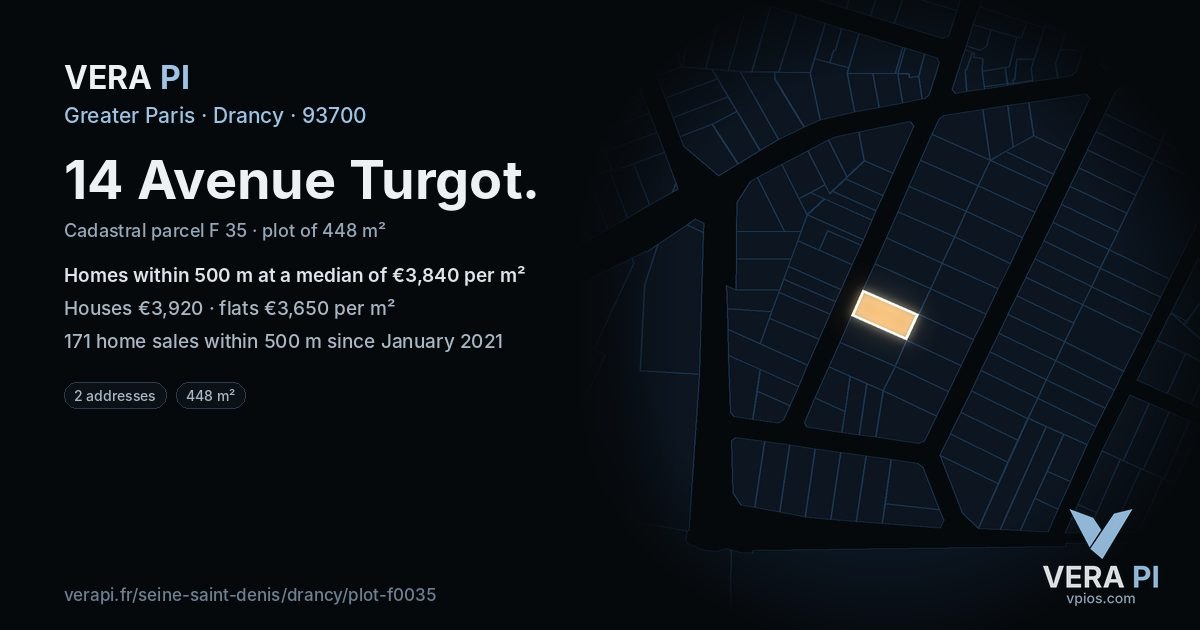 14 Avenue Turgot, Drancy at night – the plot lit, the parcels around coloured by the prices near them