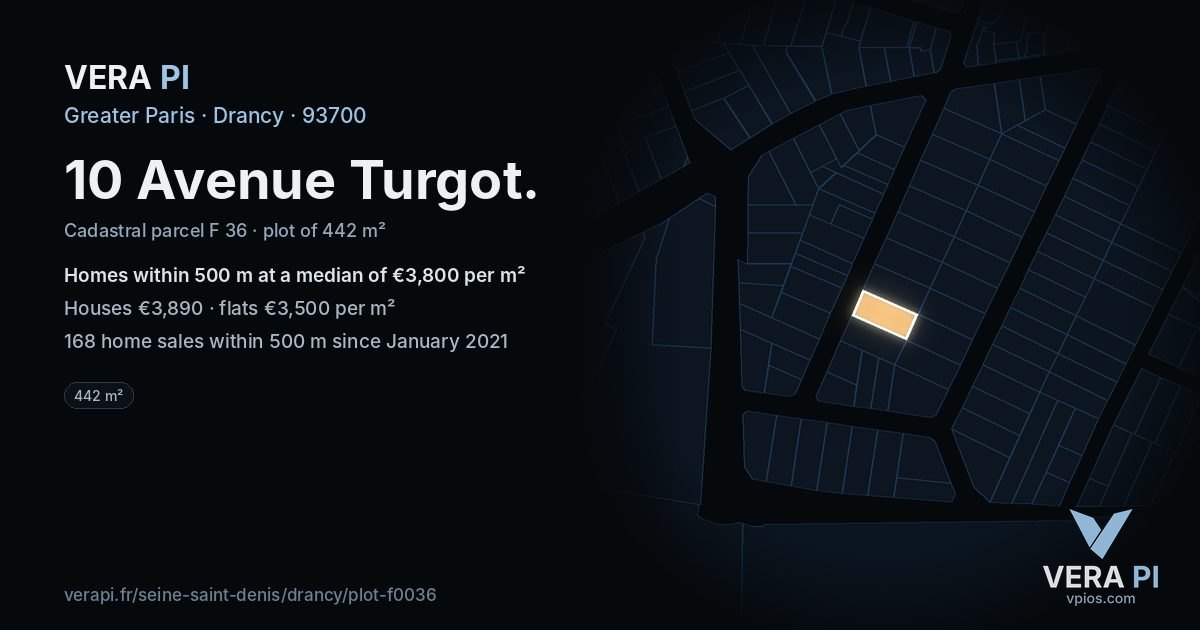 10 Avenue Turgot, Drancy at night – the plot lit, the parcels around coloured by the prices near them