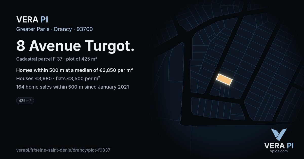 8 Avenue Turgot, Drancy at night – the plot lit, the parcels around coloured by the prices near them