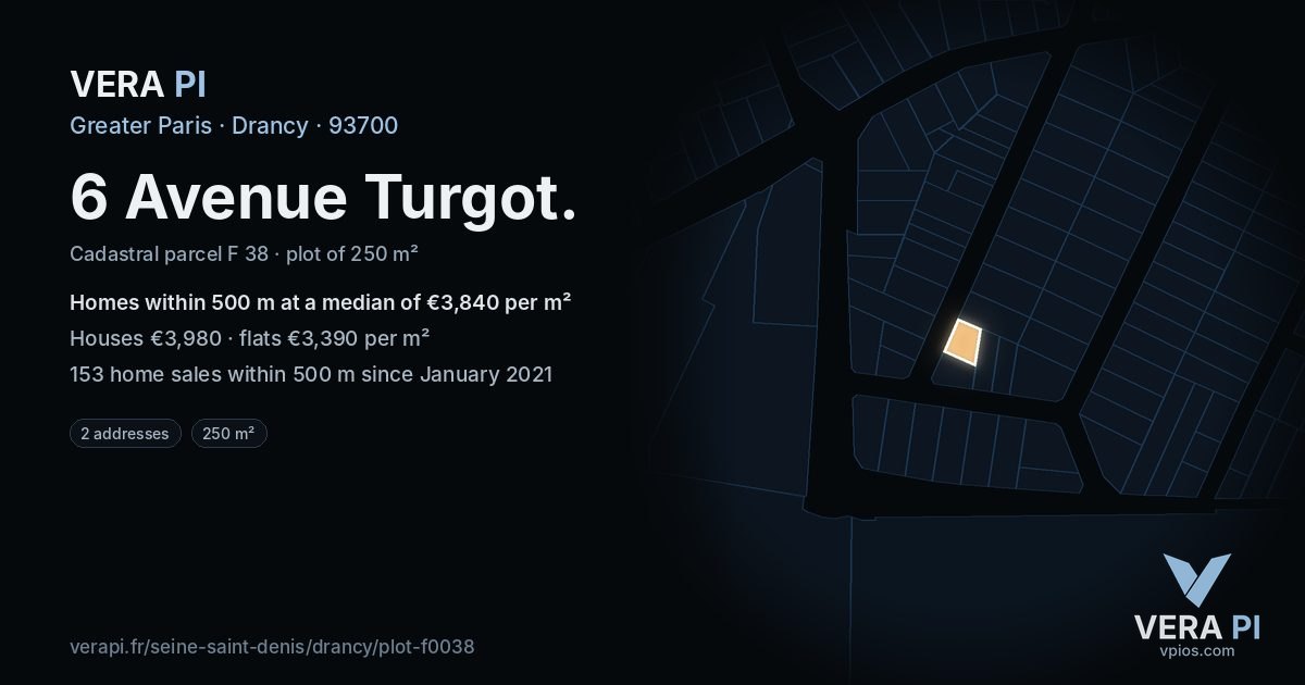 6 Avenue Turgot, Drancy at night – the plot lit, the parcels around coloured by the prices near them