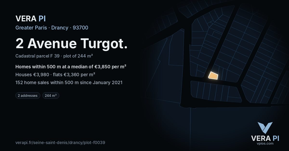 2 Avenue Turgot, Drancy at night – the plot lit, the parcels around coloured by the prices near them