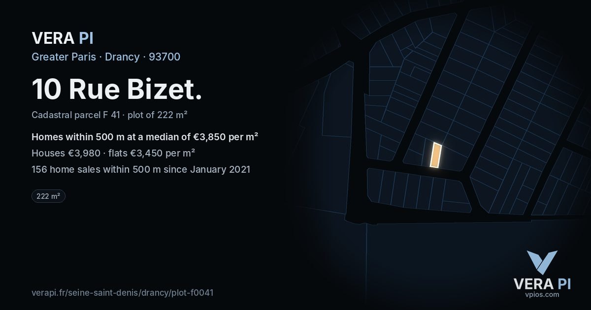 10 Rue Bizet, Drancy at night – the plot lit, the parcels around coloured by the prices near them