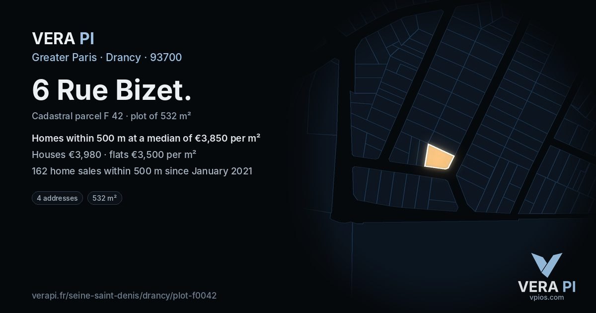 6 Rue Bizet, Drancy at night – the plot lit, the parcels around coloured by the prices near them