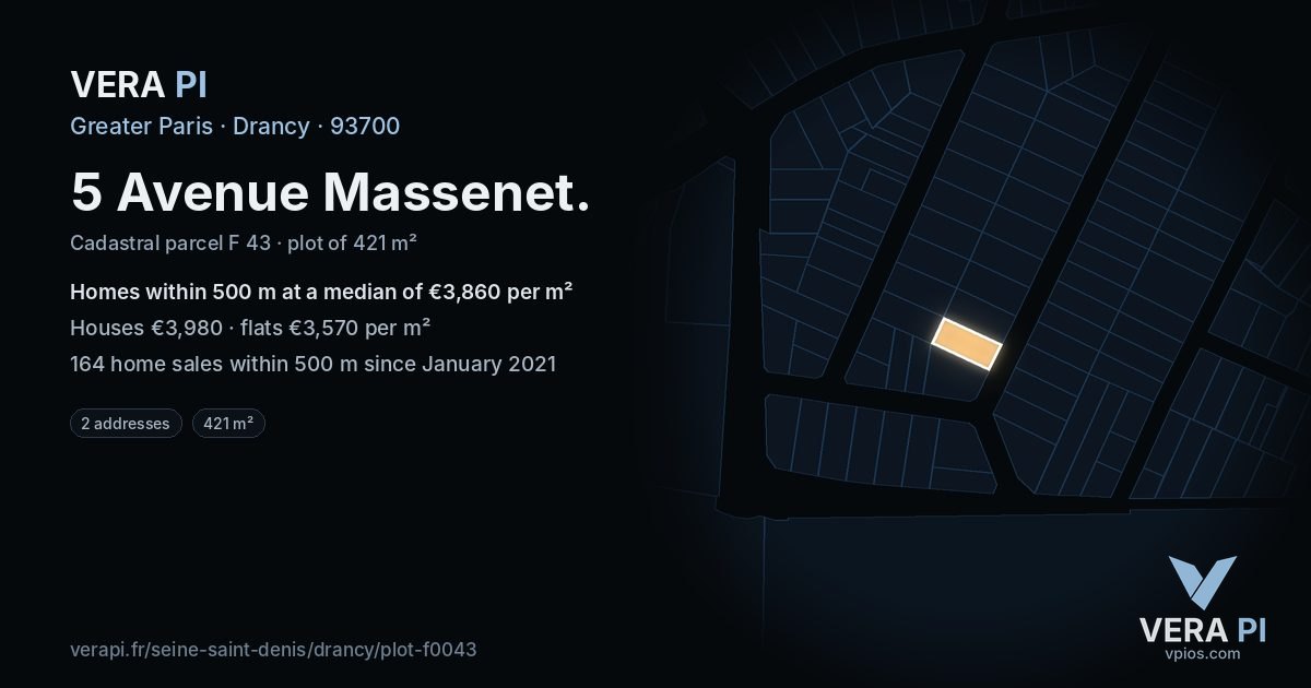 5 Avenue Massenet, Drancy at night – the plot lit, the parcels around coloured by the prices near them