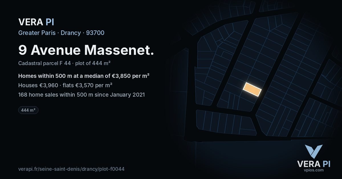9 Avenue Massenet, Drancy at night – the plot lit, the parcels around coloured by the prices near them