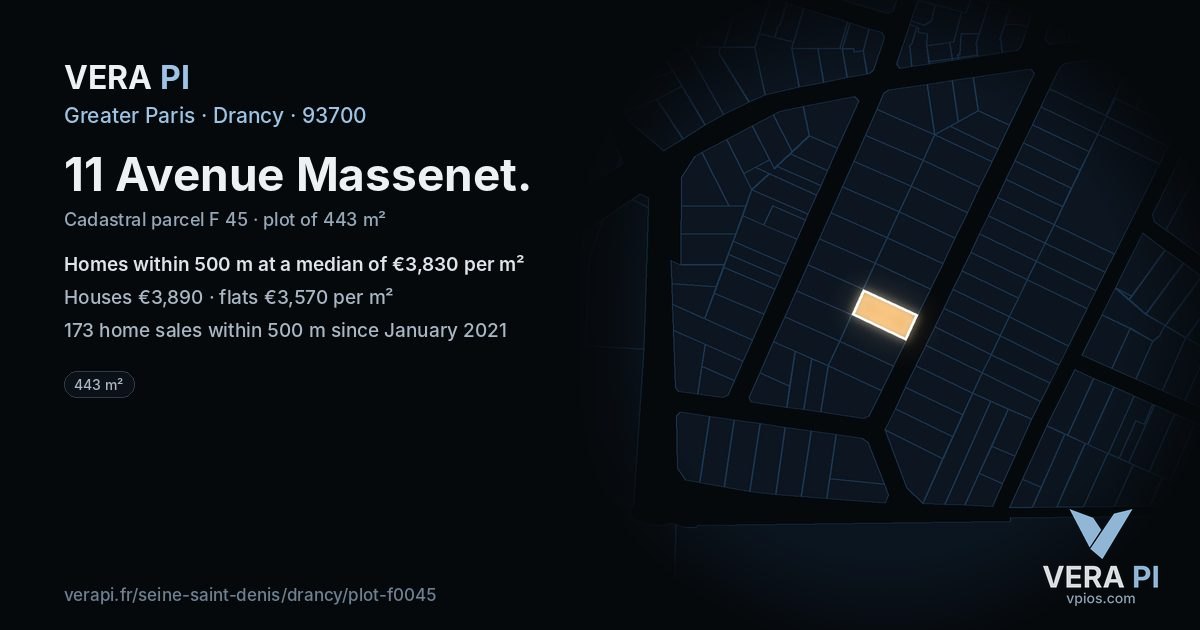 11 Avenue Massenet, Drancy at night – the plot lit, the parcels around coloured by the prices near them