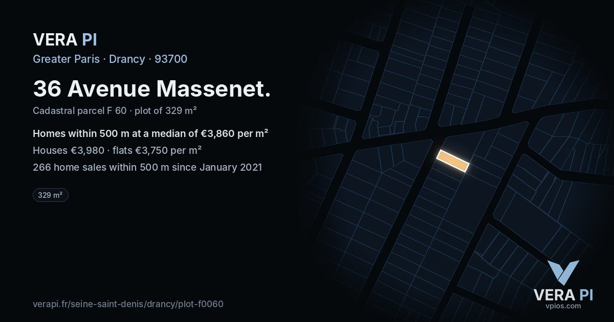 36 Avenue Massenet, Drancy at night – the plot lit, the parcels around coloured by the prices near them