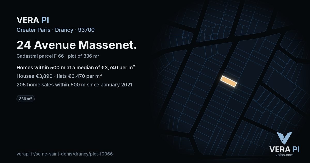24 Avenue Massenet, Drancy at night – the plot lit, the parcels around coloured by the prices near them