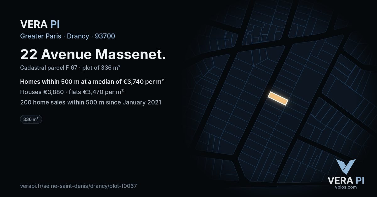 22 Avenue Massenet, Drancy at night – the plot lit, the parcels around coloured by the prices near them