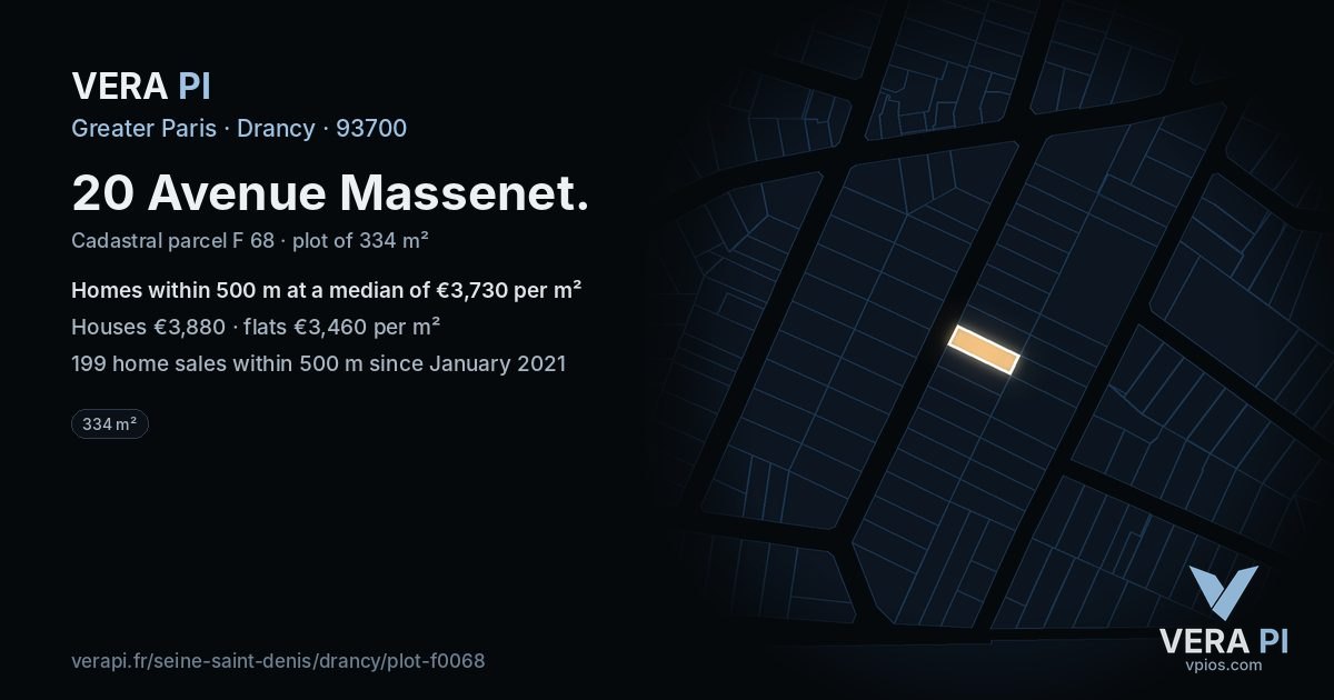 20 Avenue Massenet, Drancy at night – the plot lit, the parcels around coloured by the prices near them
