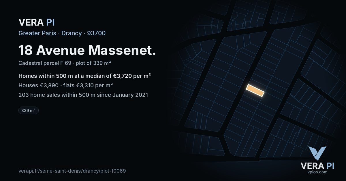 18 Avenue Massenet, Drancy at night – the plot lit, the parcels around coloured by the prices near them
