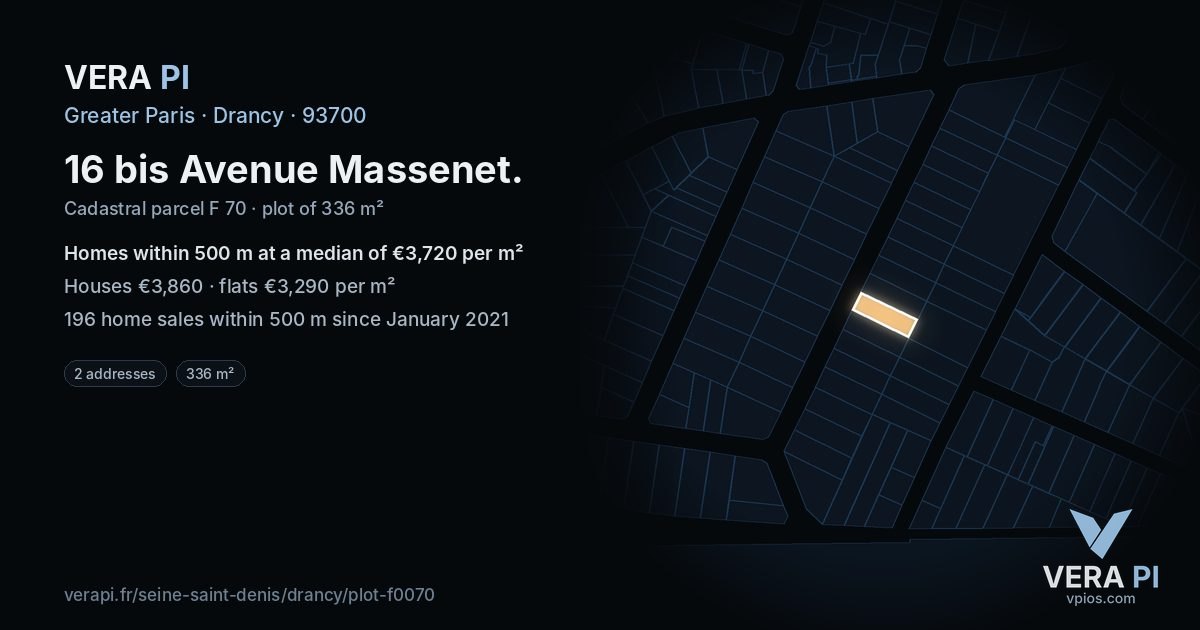 16 bis Avenue Massenet, Drancy at night – the plot lit, the parcels around coloured by the prices near them