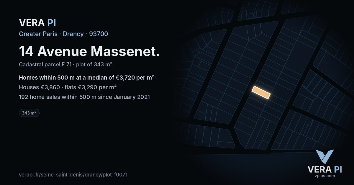 14 Avenue Massenet, Drancy at night – the plot lit, the parcels around coloured by the prices near them