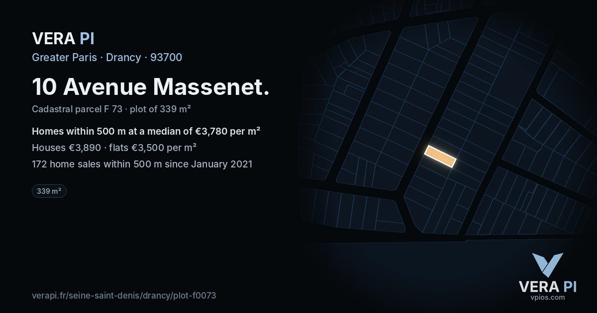 10 Avenue Massenet, Drancy at night – the plot lit, the parcels around coloured by the prices near them