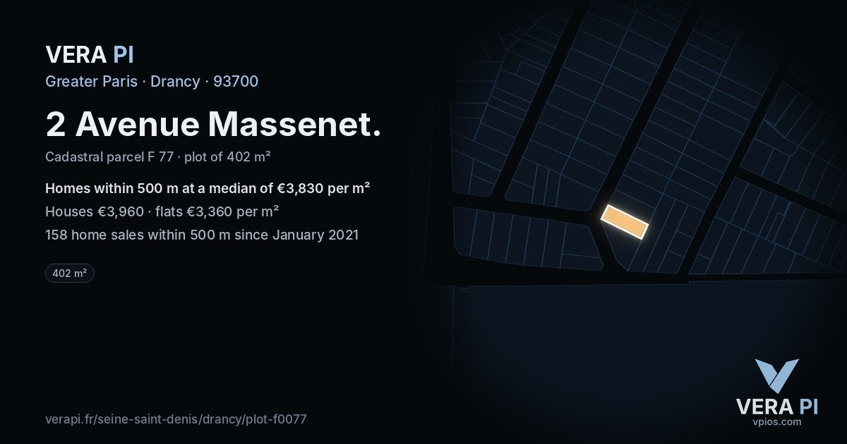 2 Avenue Massenet, Drancy at night – the plot lit, the parcels around coloured by the prices near them