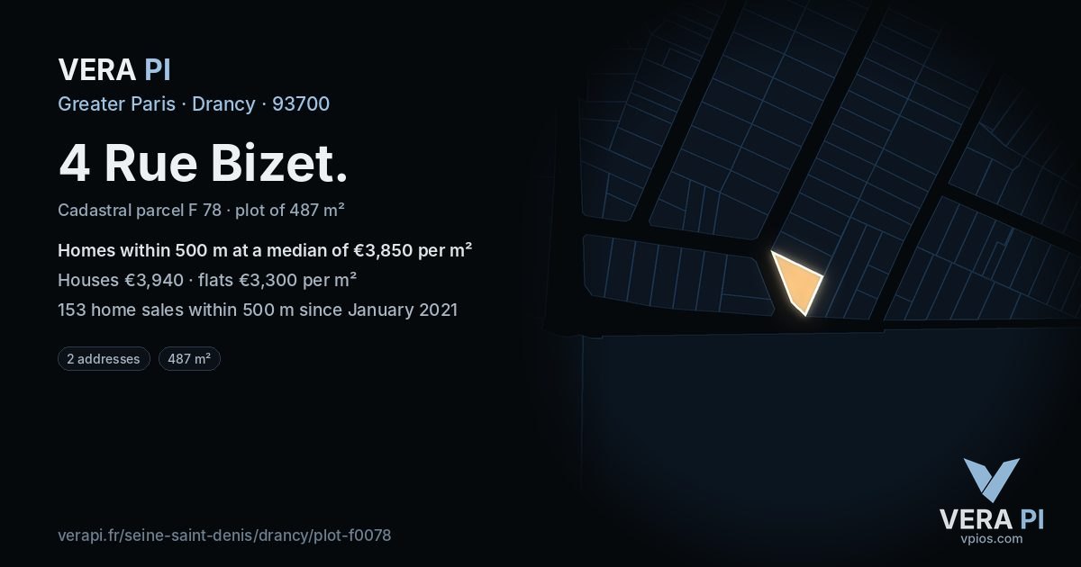 4 Rue Bizet, Drancy at night – the plot lit, the parcels around coloured by the prices near them