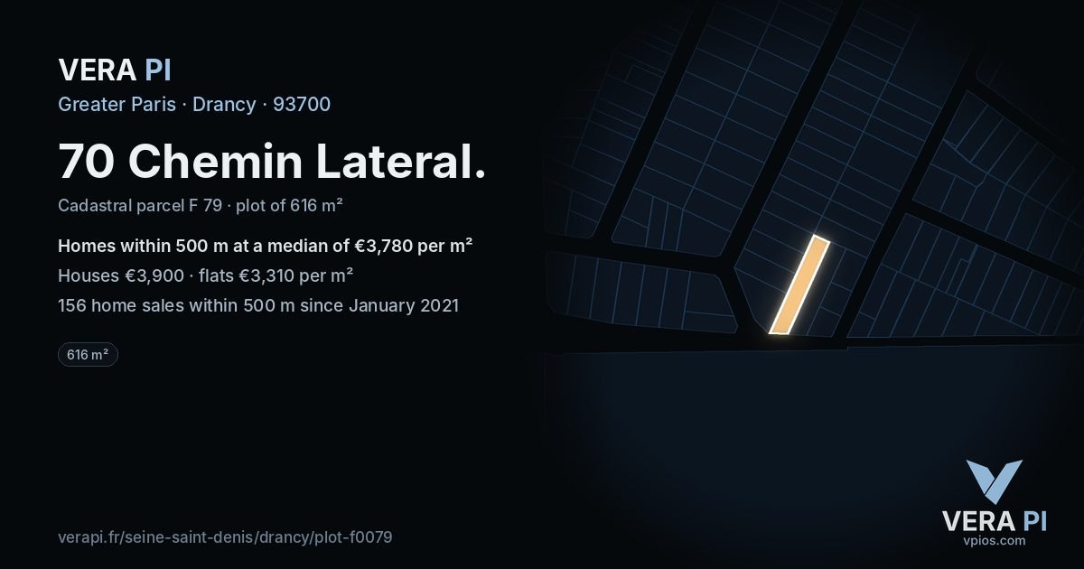 70 Chemin Lateral, Drancy at night – the plot lit, the parcels around coloured by the prices near them