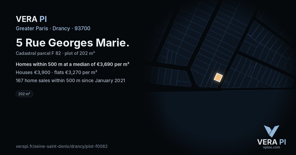 5 Rue Georges Marie, Drancy at night – the plot lit, the parcels around coloured by the prices near them