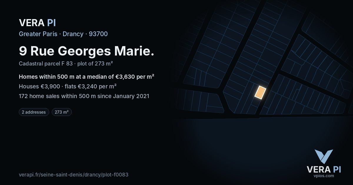 9 Rue Georges Marie, Drancy at night – the plot lit, the parcels around coloured by the prices near them