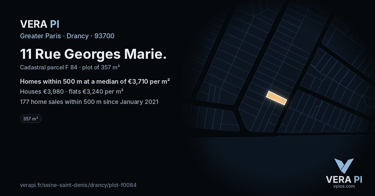 11 Rue Georges Marie, Drancy at night – the plot lit, the parcels around coloured by the prices near them