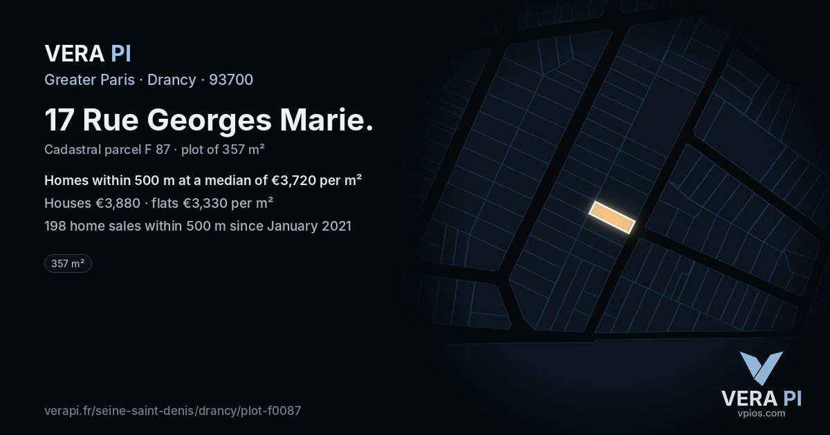 17 Rue Georges Marie, Drancy at night – the plot lit, the parcels around coloured by the prices near them