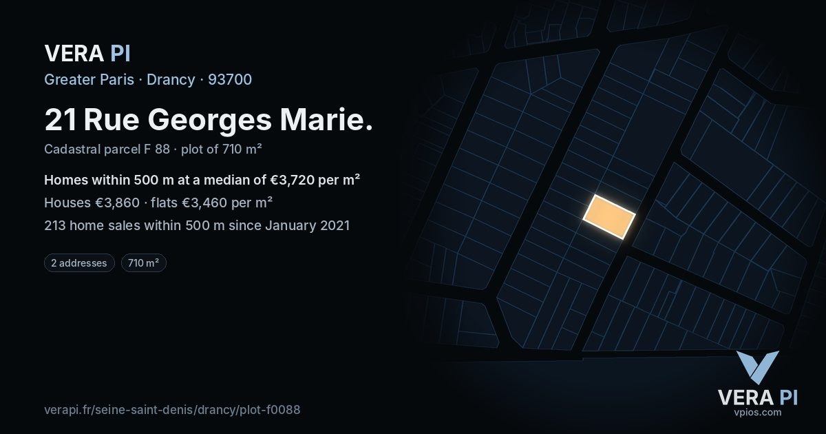 21 Rue Georges Marie, Drancy at night – the plot lit, the parcels around coloured by the prices near them