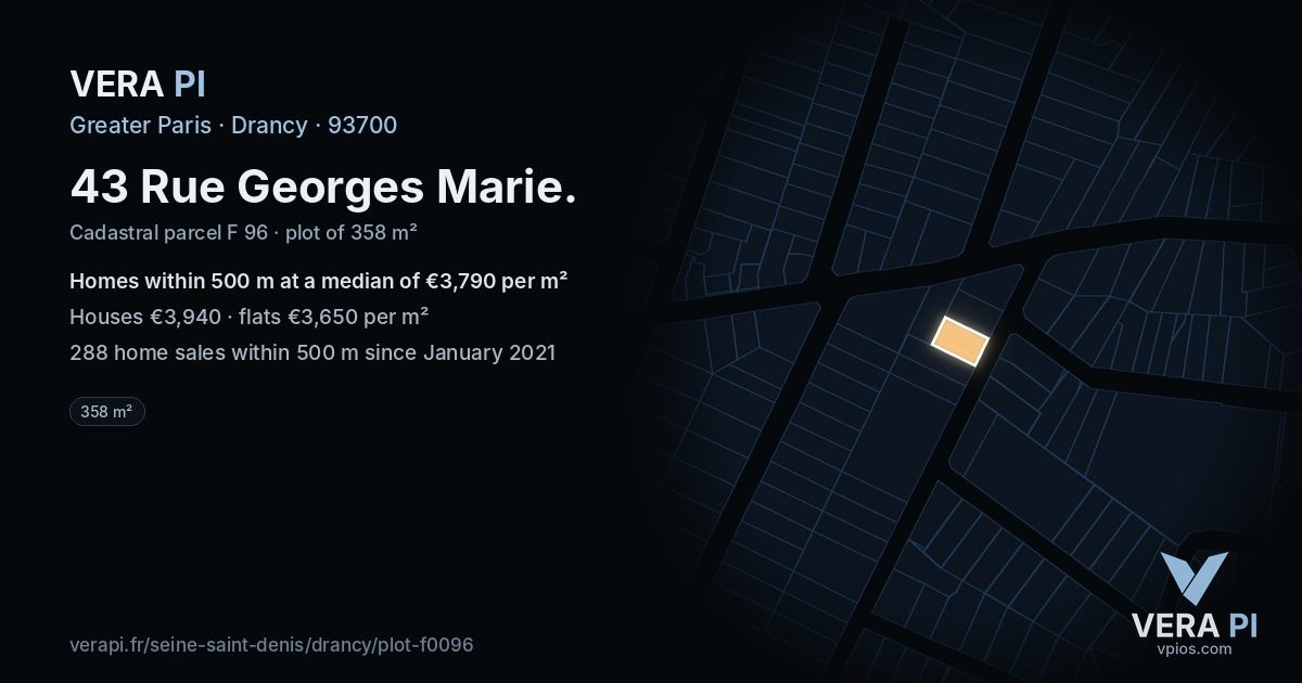 43 Rue Georges Marie, Drancy at night – the plot lit, the parcels around coloured by the prices near them
