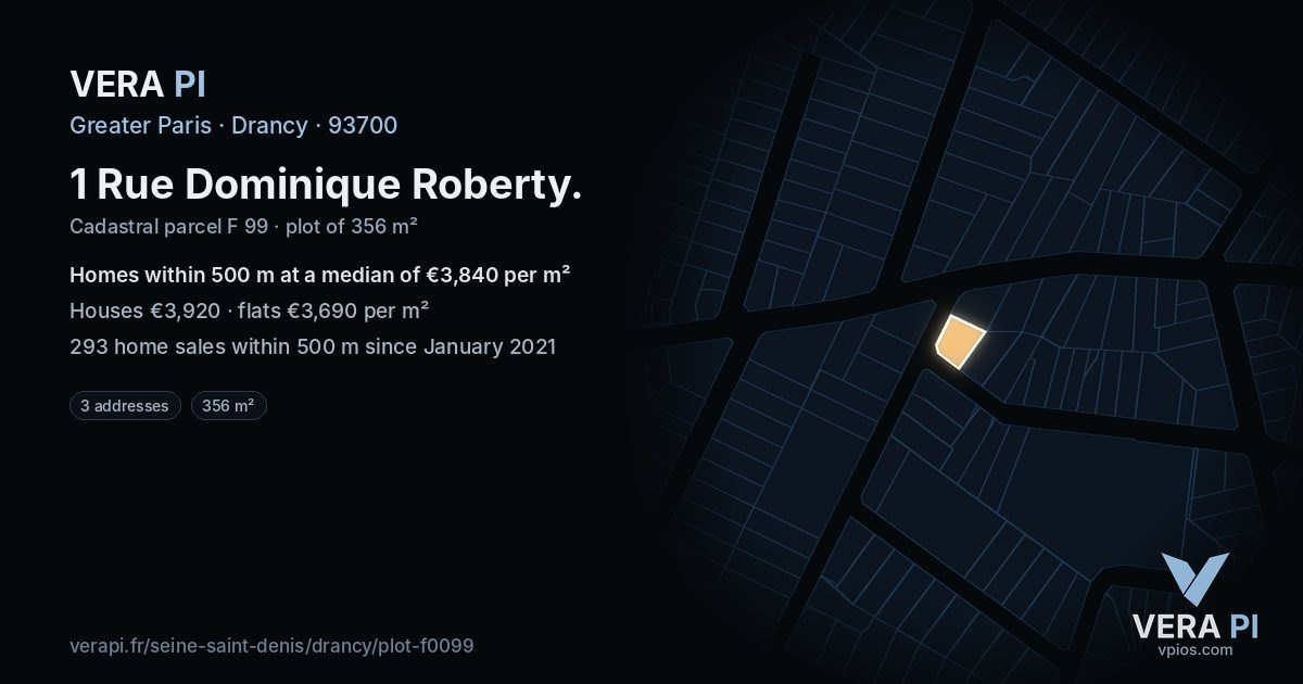 1 Rue Dominique Roberty, Drancy at night – the plot lit, the parcels around coloured by the prices near them