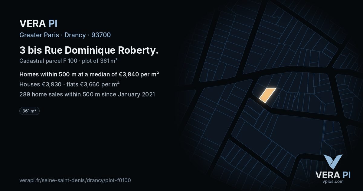 3 bis Rue Dominique Roberty, Drancy at night – the plot lit, the parcels around coloured by the prices near them