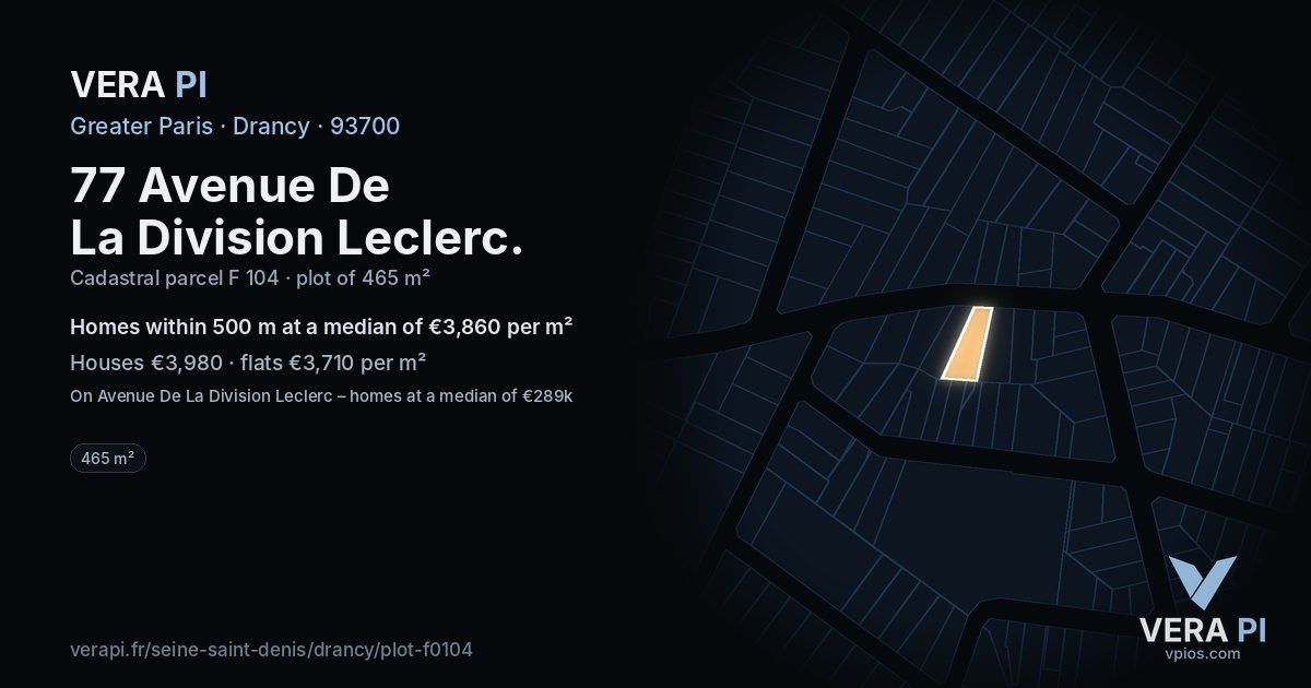 77 Avenue De La Division Leclerc, Drancy at night – the plot lit, the parcels around coloured by the prices near them