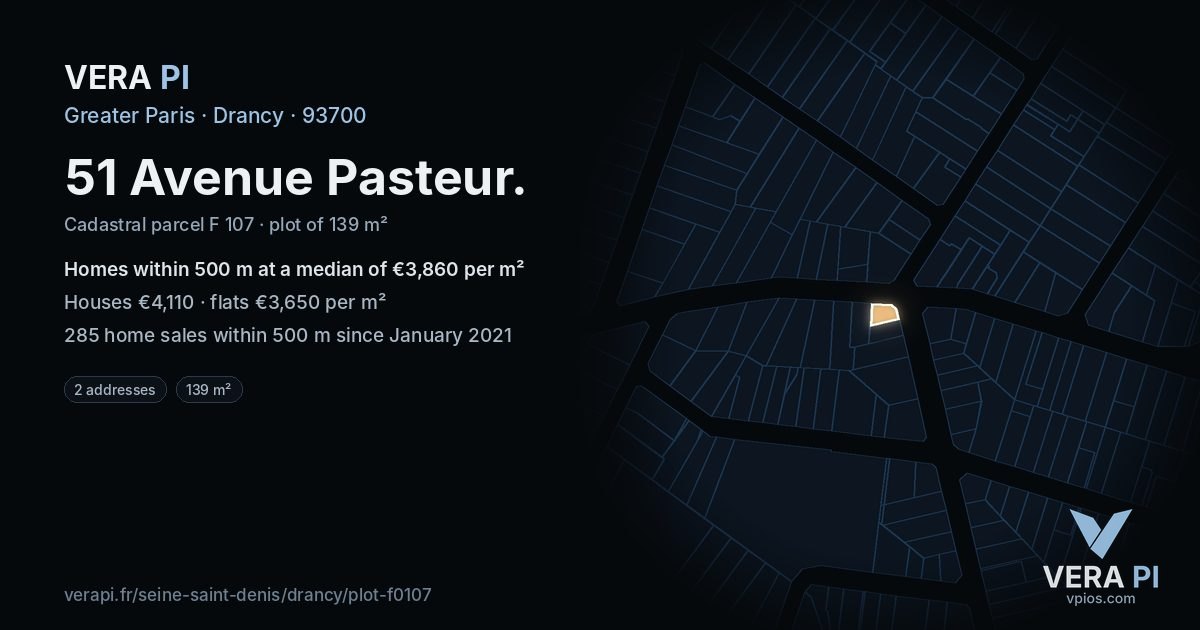 51 Avenue Pasteur, Drancy at night – the plot lit, the parcels around coloured by the prices near them