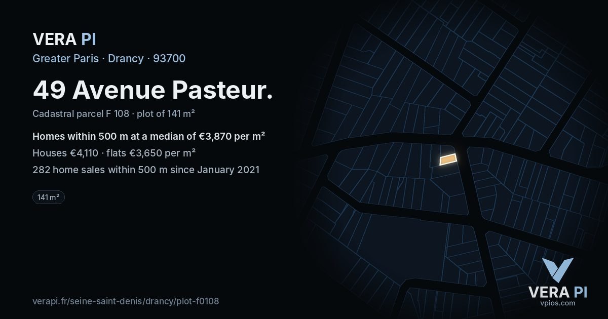 49 Avenue Pasteur, Drancy at night – the plot lit, the parcels around coloured by the prices near them