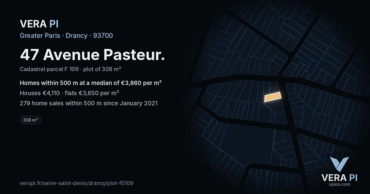 47 Avenue Pasteur, Drancy at night – the plot lit, the parcels around coloured by the prices near them