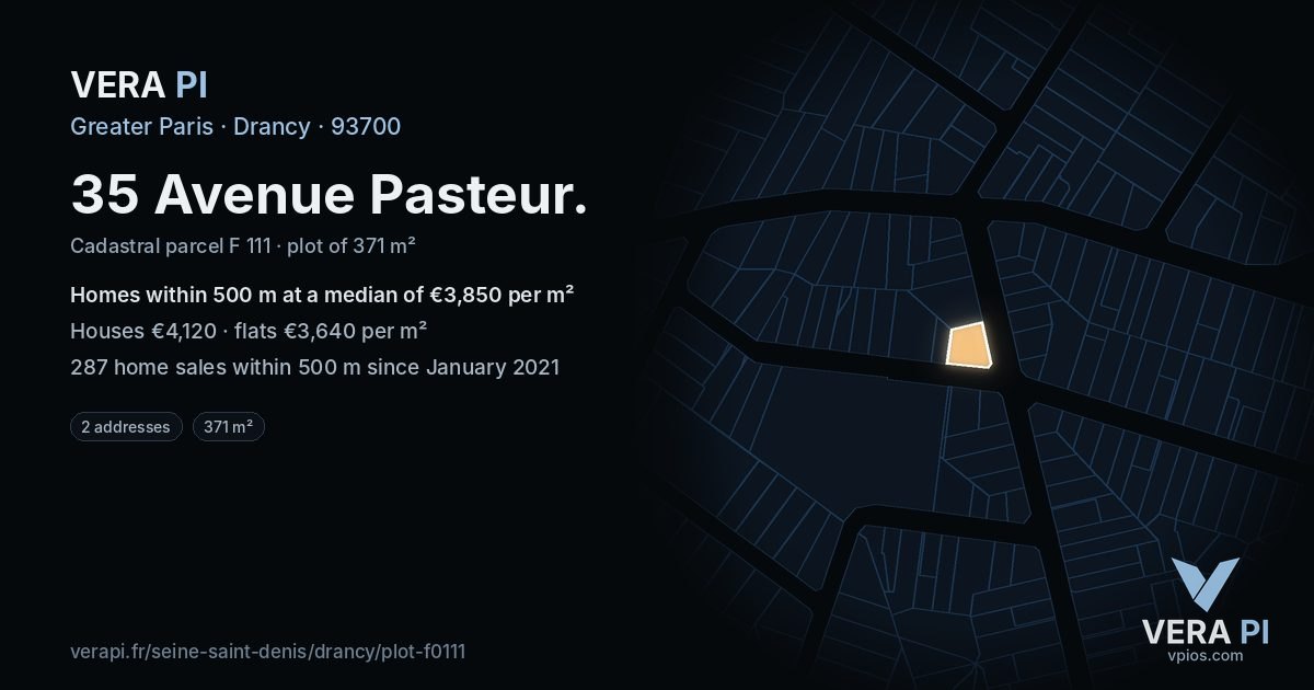 35 Avenue Pasteur, Drancy at night – the plot lit, the parcels around coloured by the prices near them