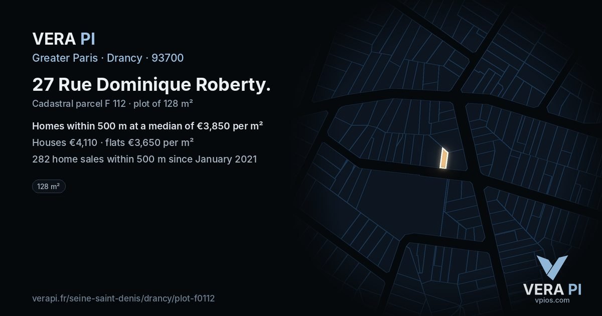 27 Rue Dominique Roberty, Drancy at night – the plot lit, the parcels around coloured by the prices near them