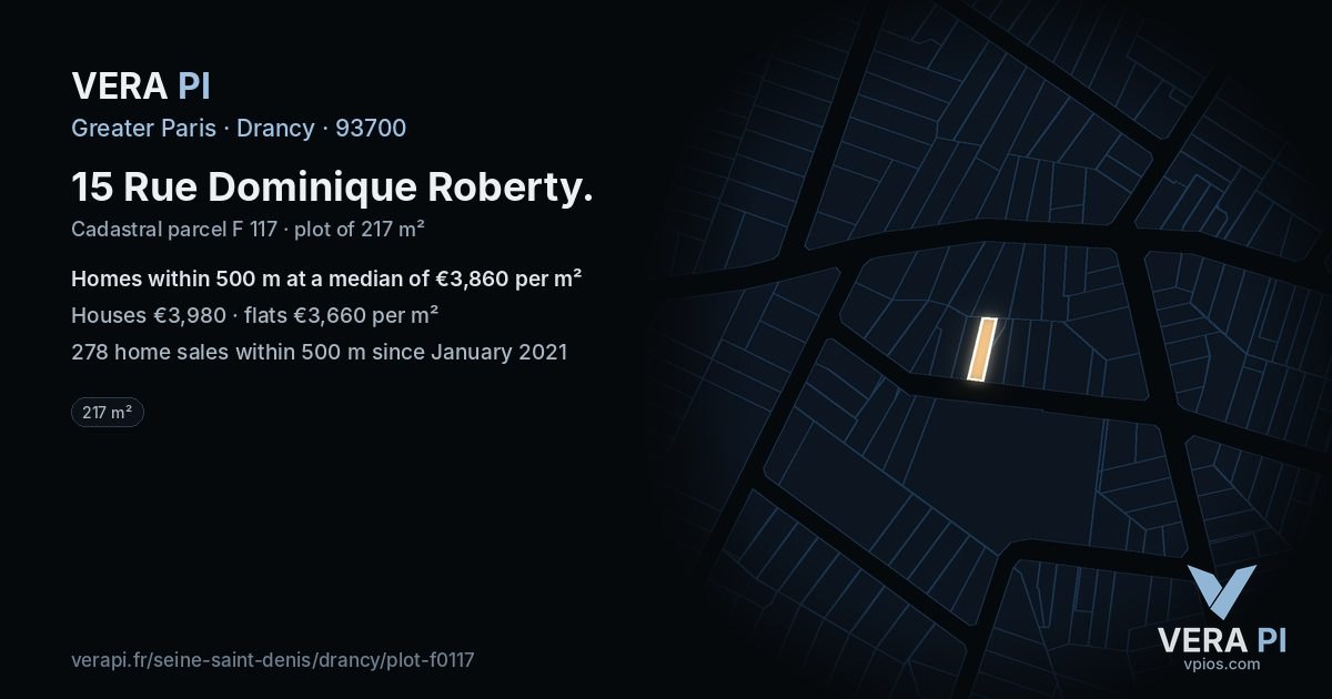 15 Rue Dominique Roberty, Drancy at night – the plot lit, the parcels around coloured by the prices near them
