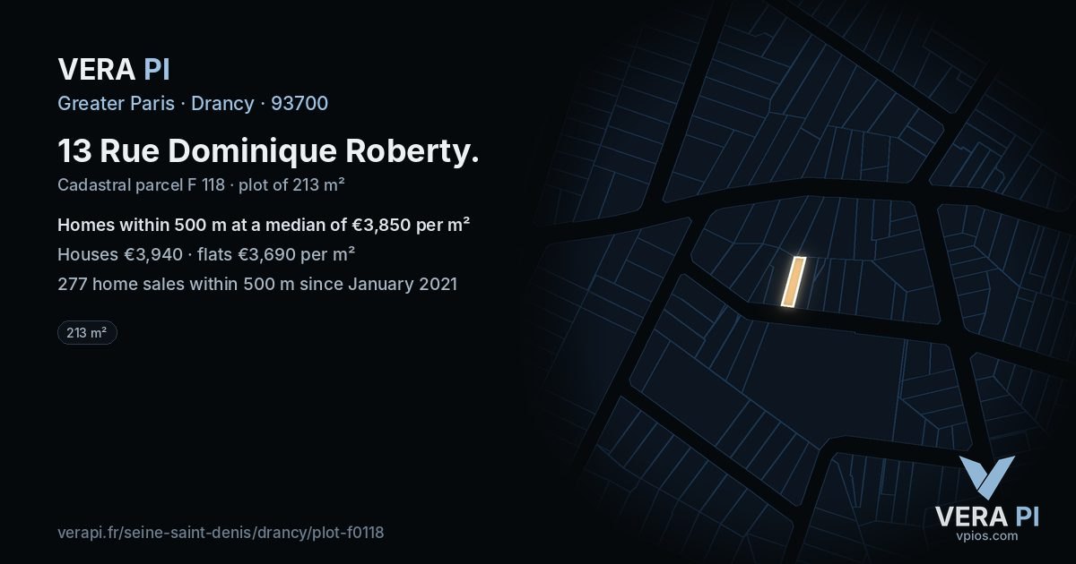 13 Rue Dominique Roberty, Drancy at night – the plot lit, the parcels around coloured by the prices near them