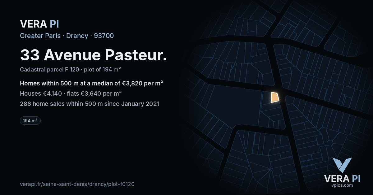 33 Avenue Pasteur, Drancy at night – the plot lit, the parcels around coloured by the prices near them
