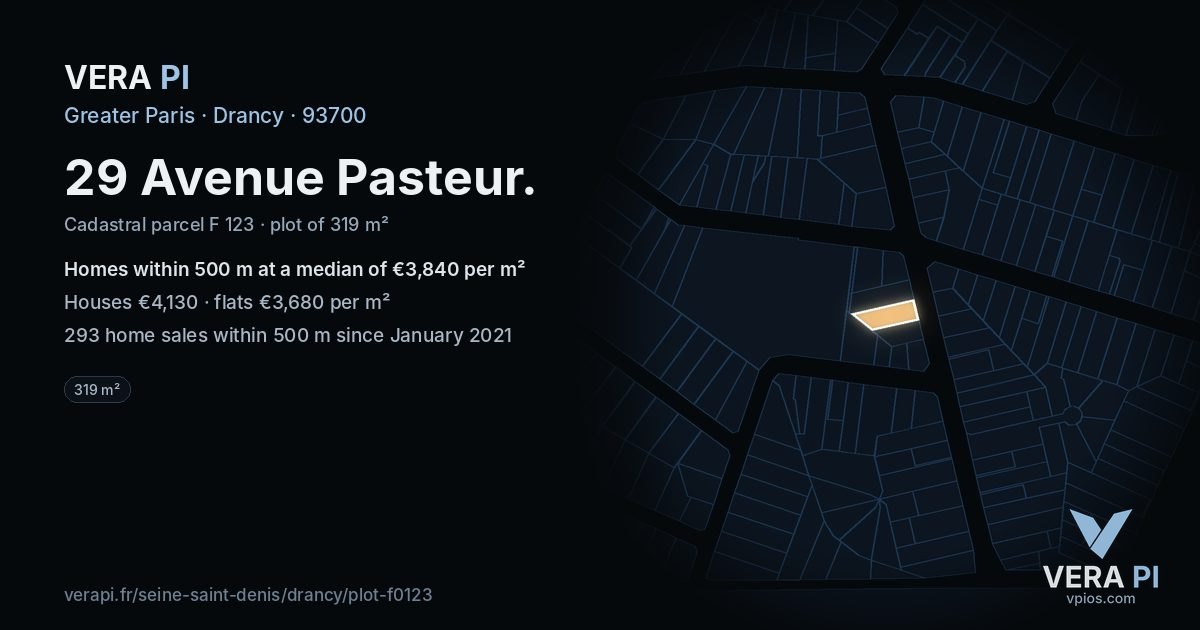 29 Avenue Pasteur, Drancy at night – the plot lit, the parcels around coloured by the prices near them