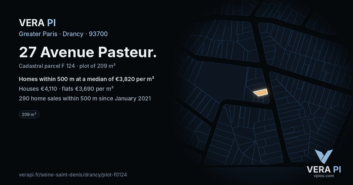 27 Avenue Pasteur, Drancy at night – the plot lit, the parcels around coloured by the prices near them